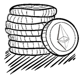A pile of physical coins with the Ethereum logo on